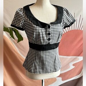 Pinup Couture Women's Rockabilly Houndstooth Black White Blouse Top Sz L